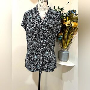DKNY Blue and Black Wrap Top - Size L